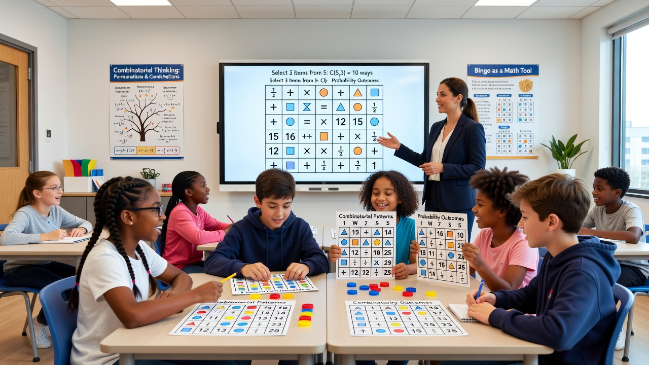 Students working with bingo-style grids during a combinatorial math activity in a classroom setting