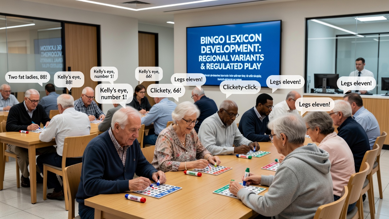 Group of bingo enthusiasts discussing game variations in a licensed community hall setting
