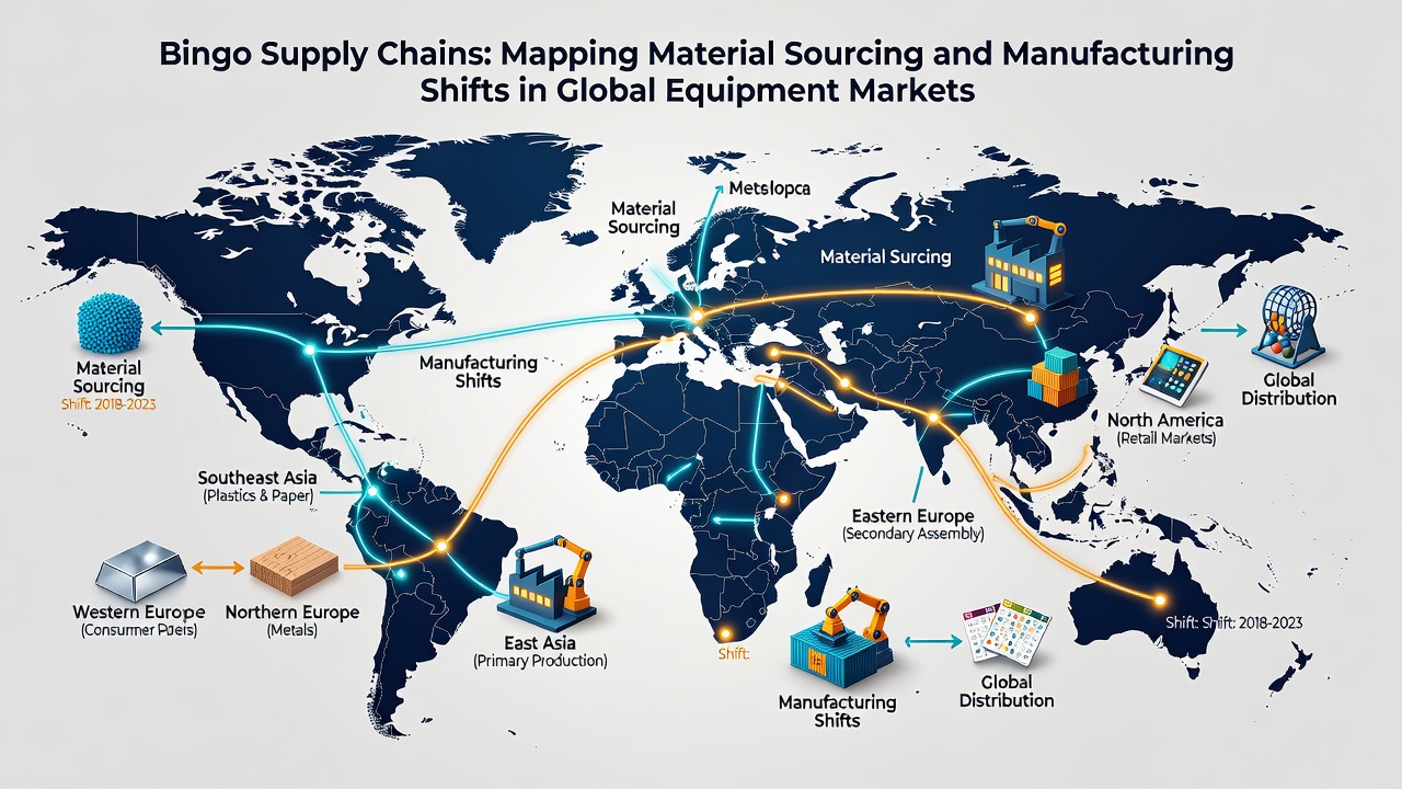 Manufacturing shift illustration showing bingo equipment production lines relocating across Asia, North America, and Europe