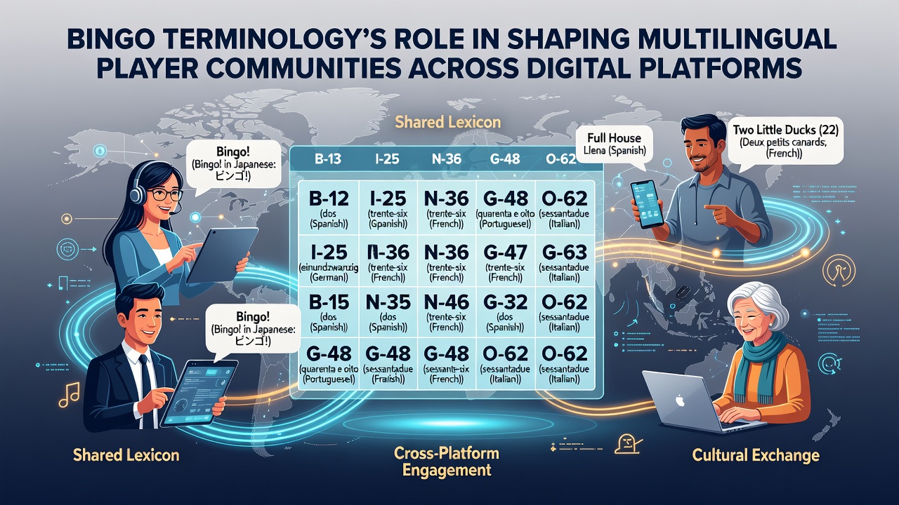 Players from various linguistic backgrounds collaborating via chat in a global digital bingo room