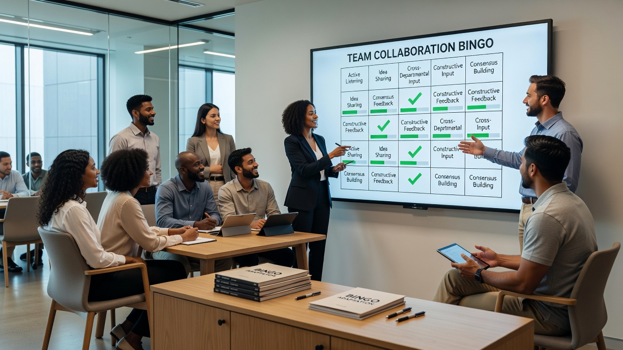 Corporate training session using bingo-style games to build team collaboration