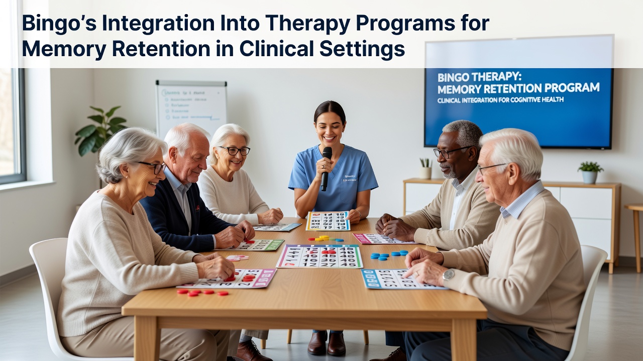Therapy session with seniors playing bingo in a clinical environment for memory support