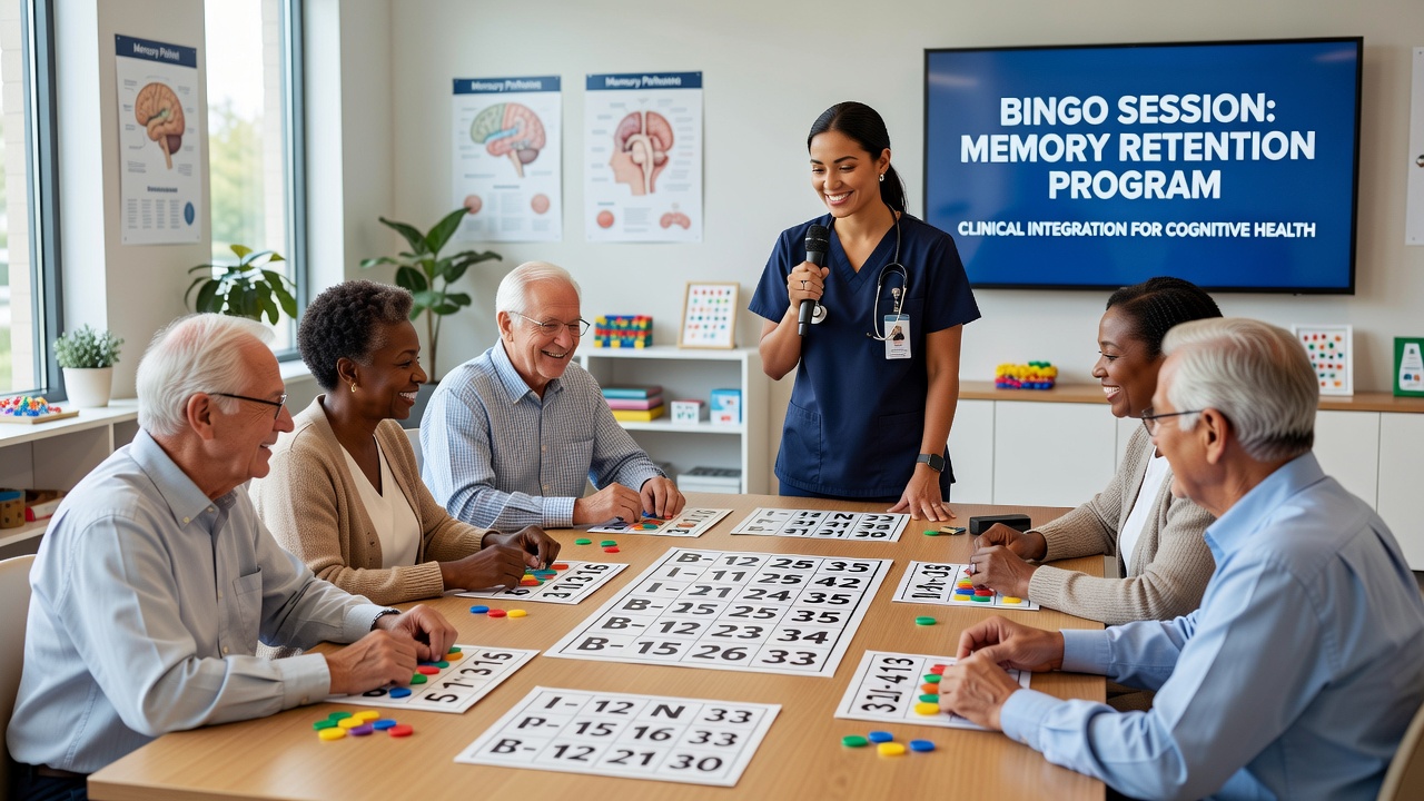 Clinical staff guiding bingo activities with adaptive tools for memory retention therapy