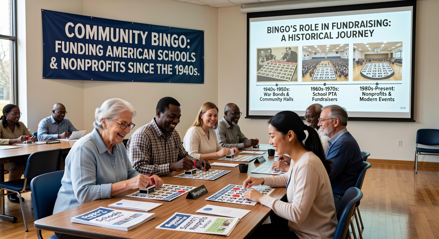 Vintage bingo game setup used in mid-20th century school fundraisers with cards and markers on wooden tables