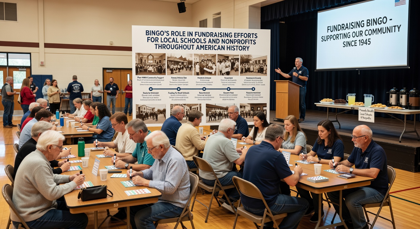Modern community bingo event supporting a local nonprofit with participants at tables and prize displays