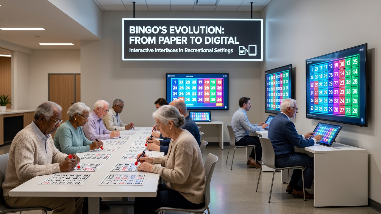 Modern interactive bingo terminals arranged in rows within a brightly lit recreational community center