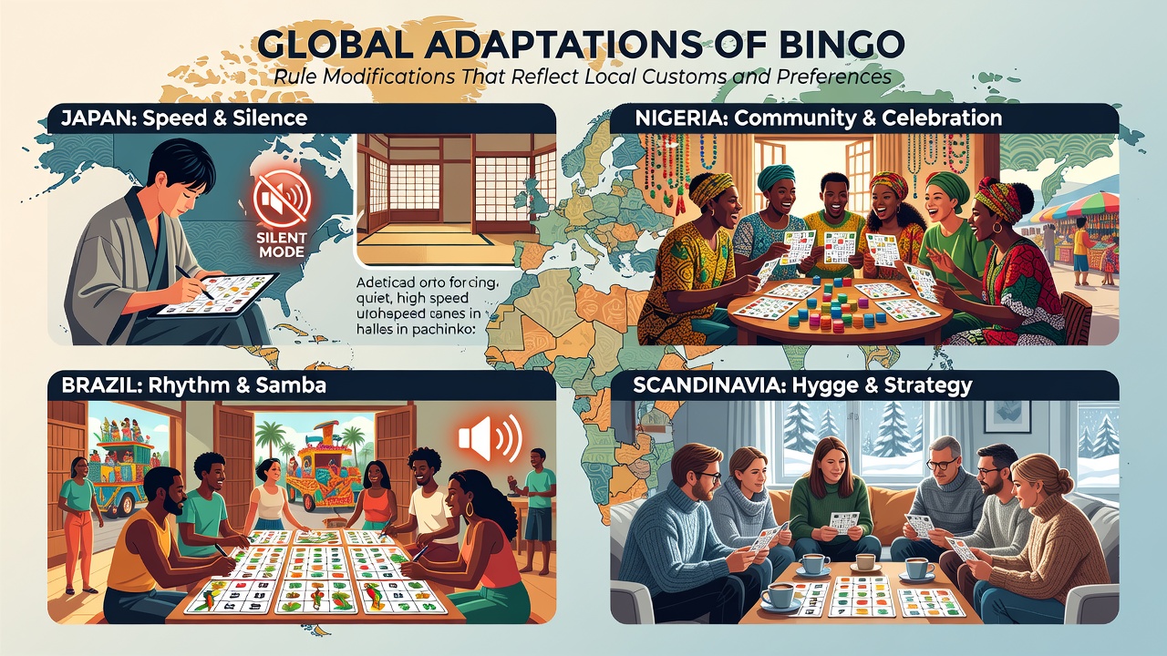 Bingo cards with culturally specific symbols used in Asian and Latin American variants