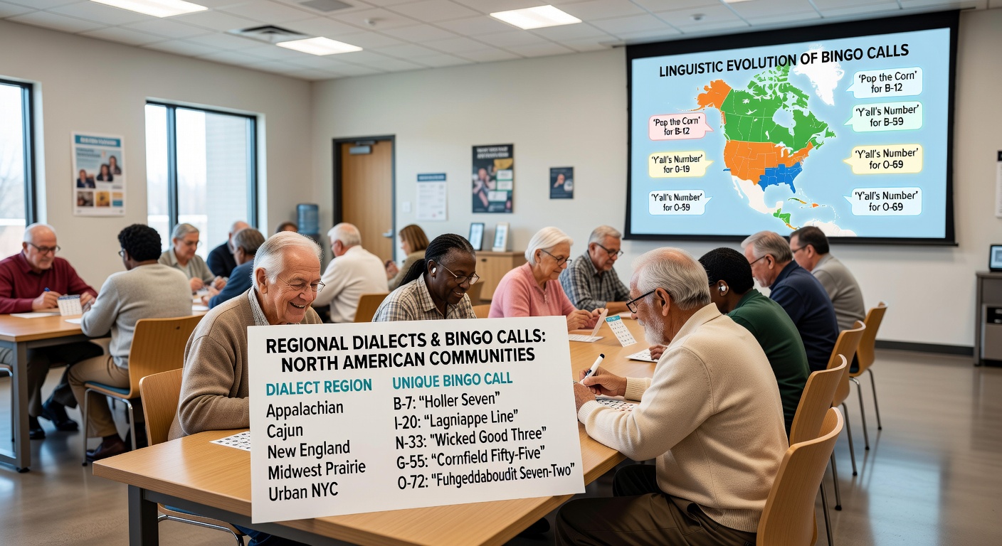 Diverse group of players in a Canadian community center listening to a caller using regional phrasing