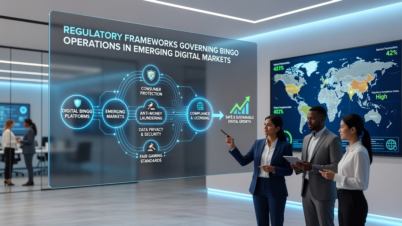 Regulatory meeting in an emerging market setting with officials reviewing digital bingo compliance documents and market statistics
