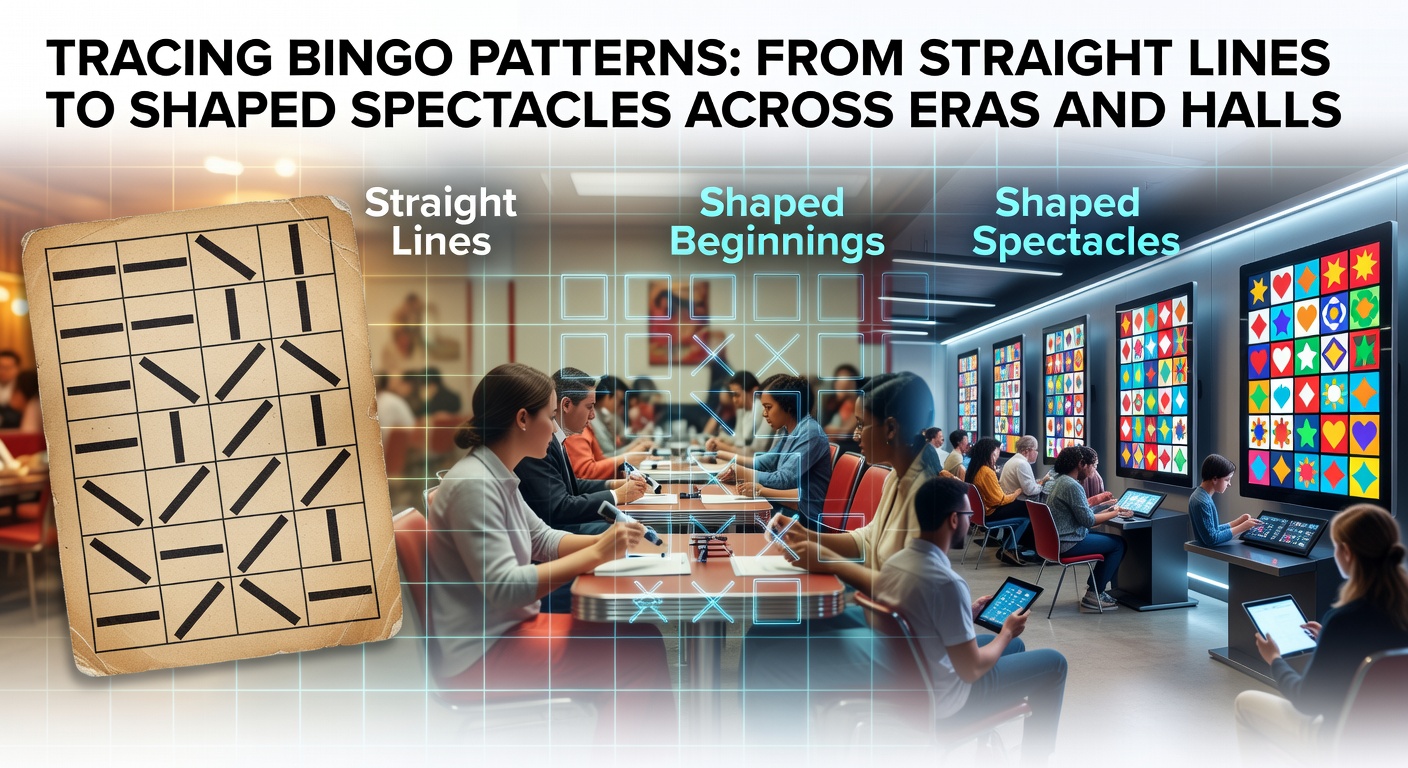 Vintage bingo cards displaying early straight-line patterns in a bustling 1930s hall, with players intently marking numbers under dim lights