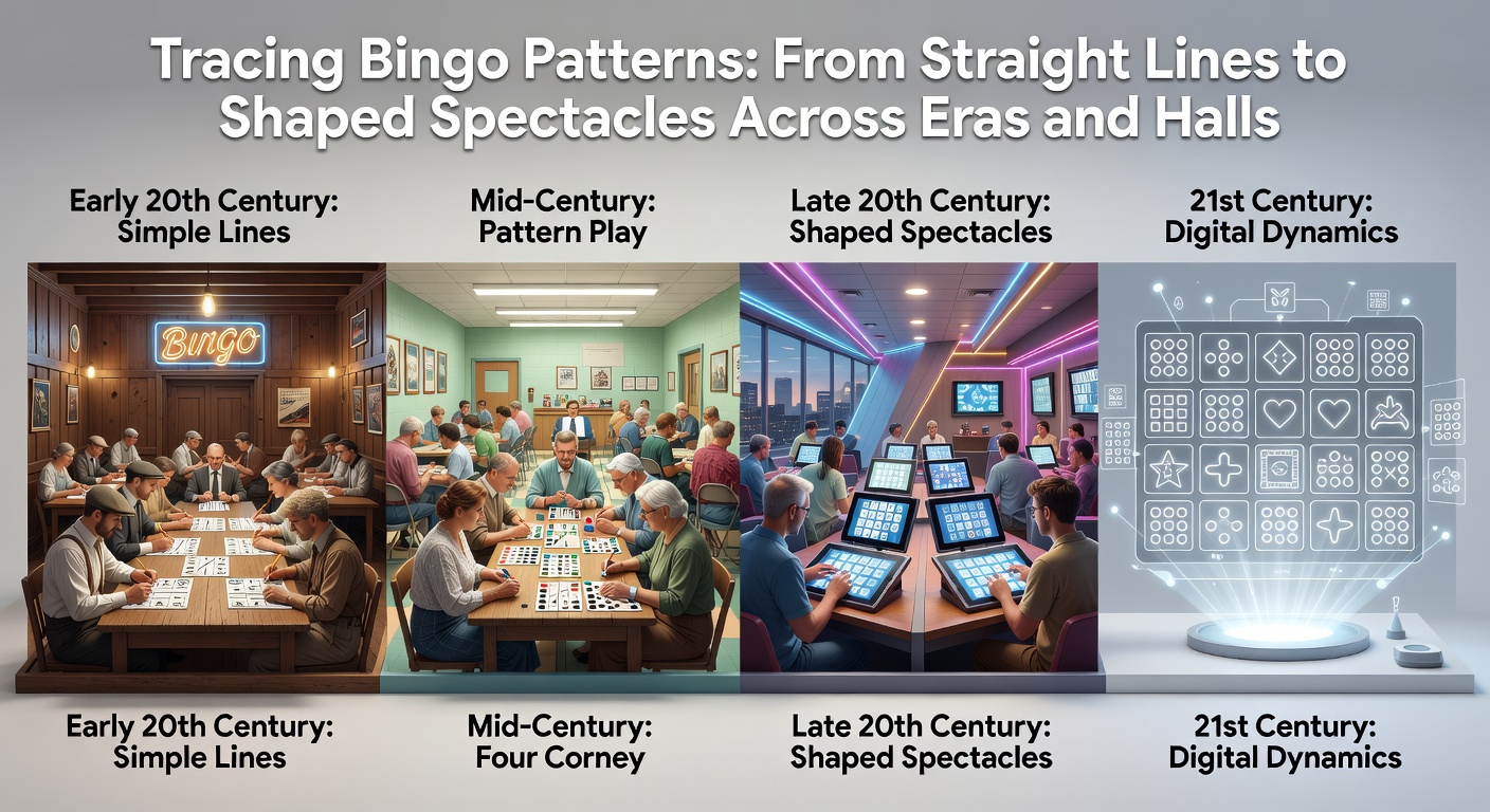 Modern bingo players in a vibrant hall celebrating a complex heart-shaped pattern win, surrounded by digital displays and cheering crowds