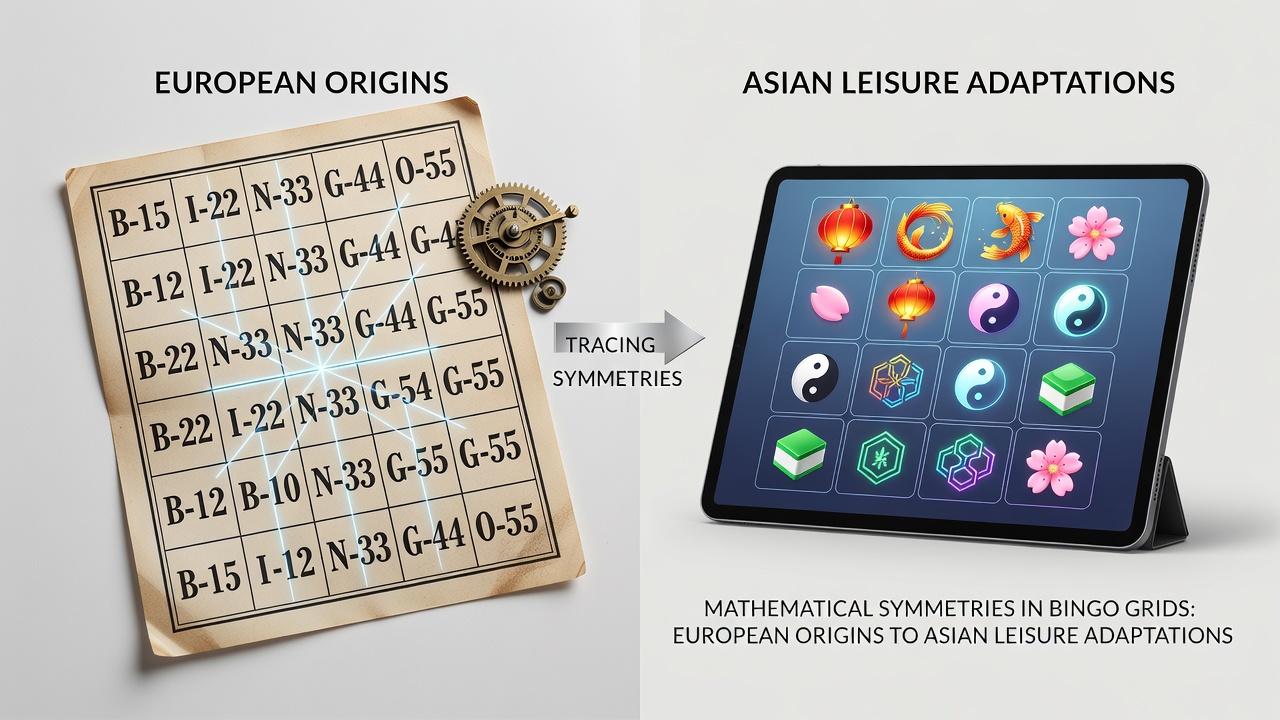 Historical European bingo cards showing early grid symmetries and number distributions